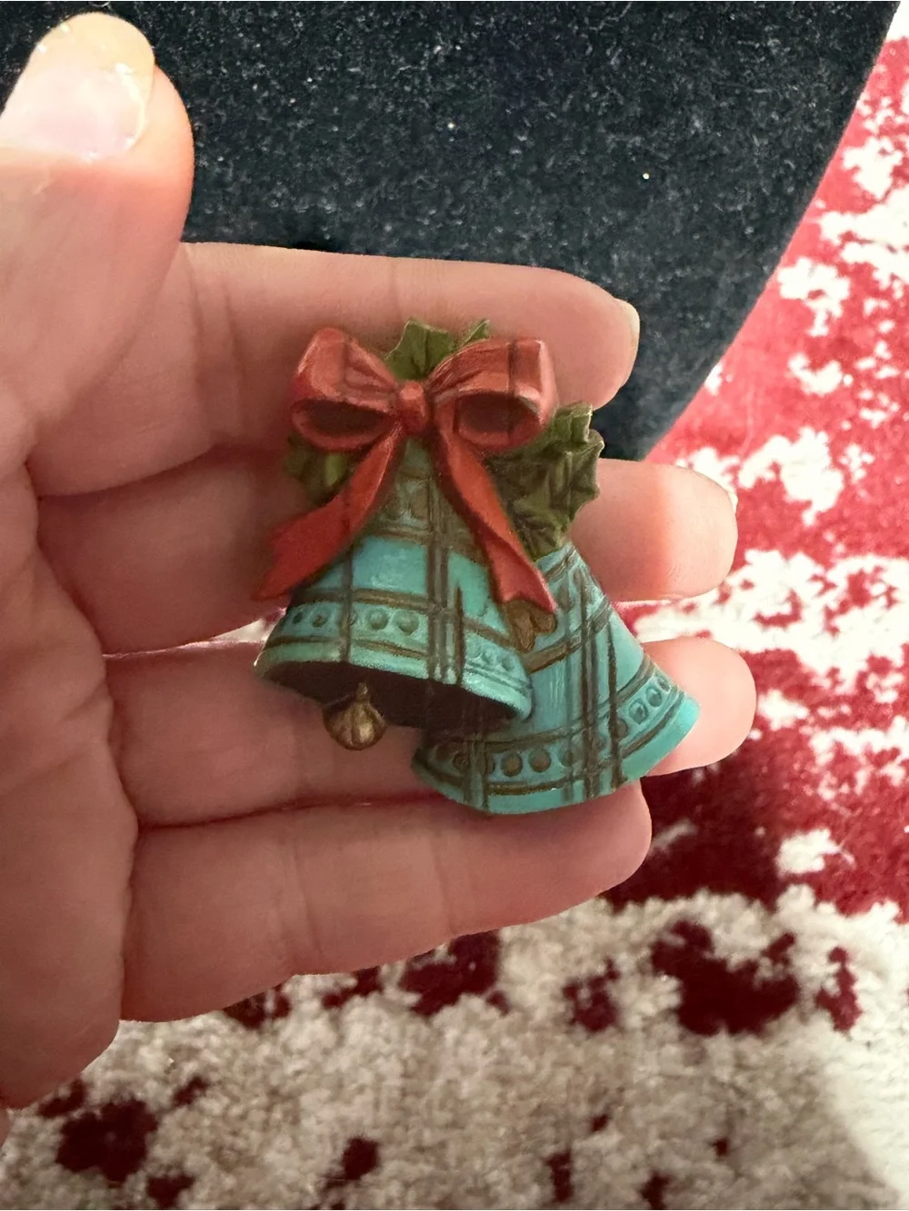 Vintage Festive Bell Brooch with Red Bow
